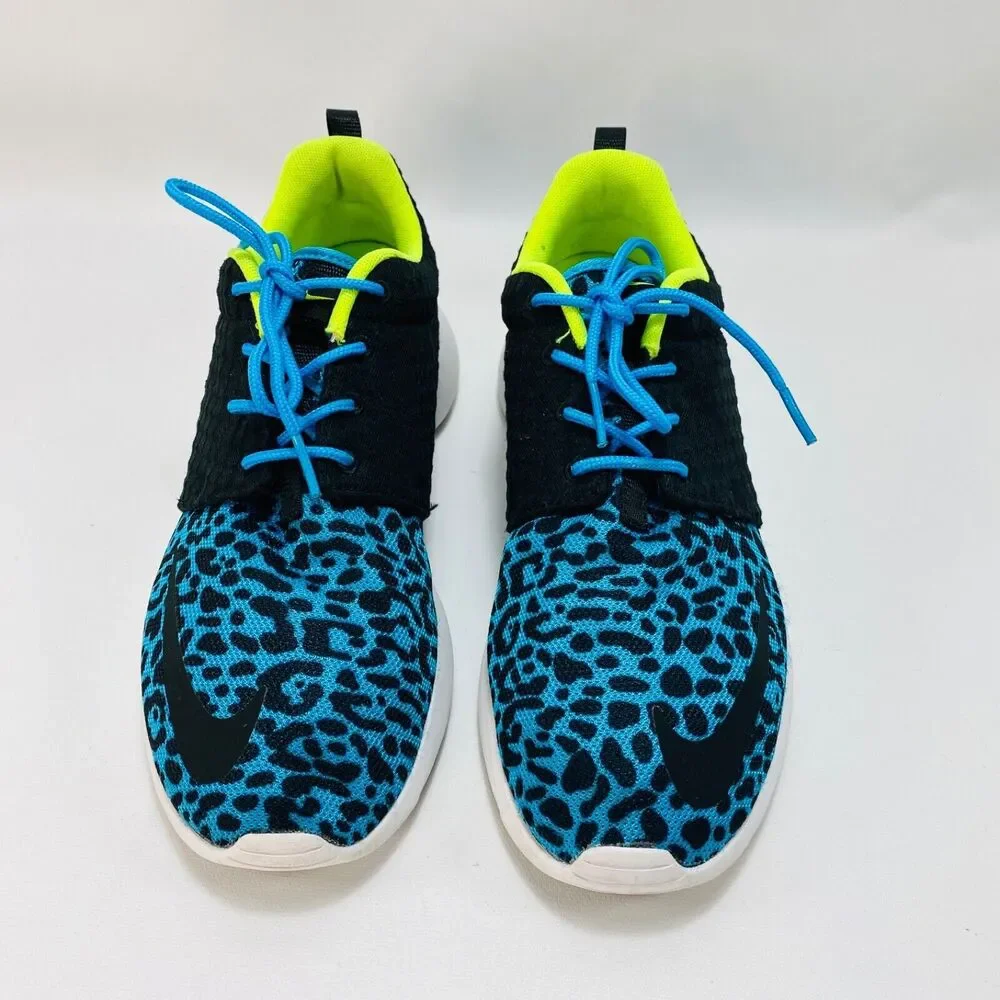 Nike Roshe Run Sneakers Womens 8 Black Current Blue Leopard Running Workout Gym